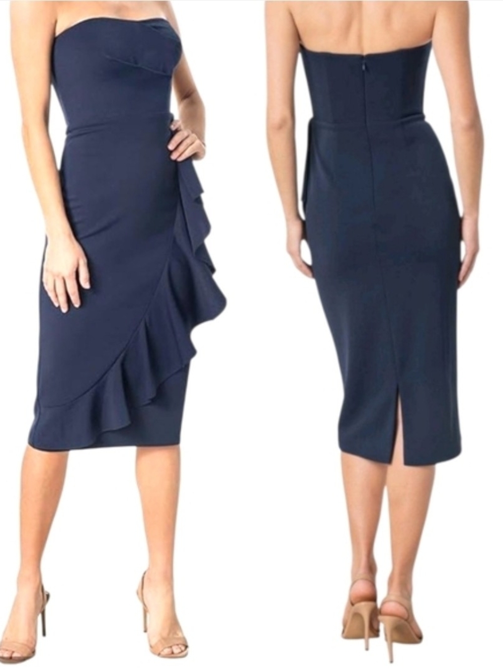 Dress the Population Strapless Navy Ruffle Midi Dress